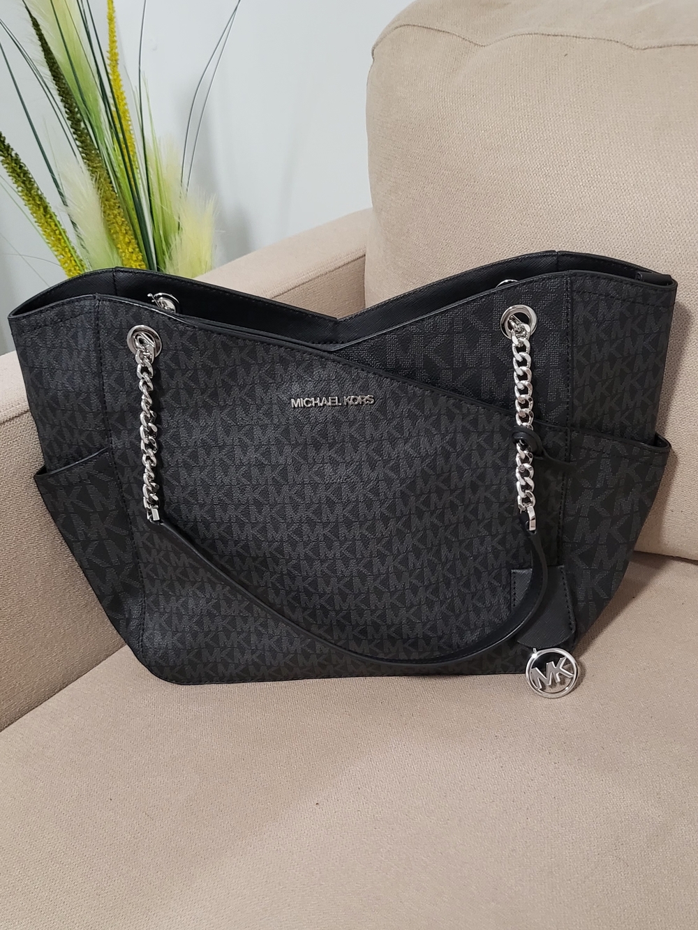 Michael Kors Black Logo Chain-Handle Tote Bag
